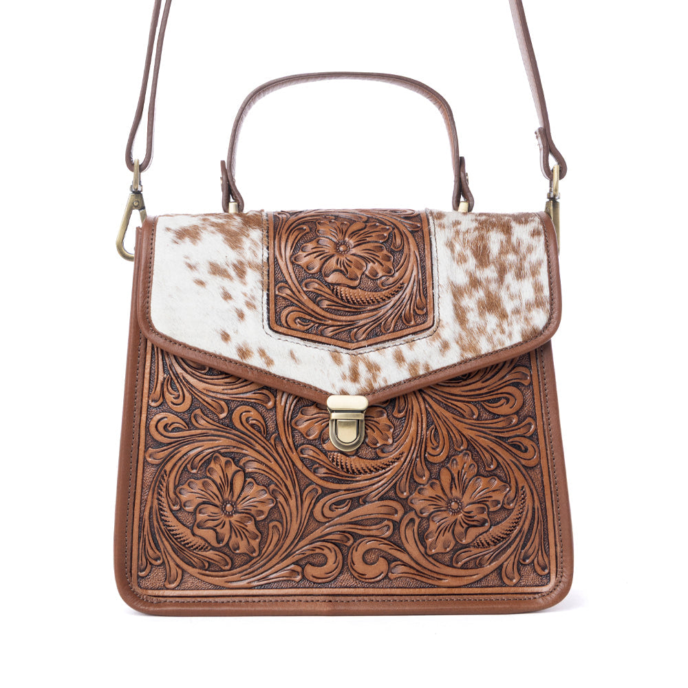 Myra Duchess Hairon Handtooled Flap and Button Leather Satchel in Mocha Cream - Myra USA