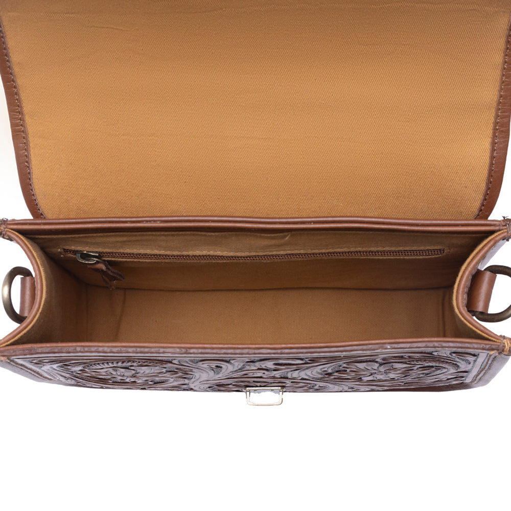Myra Duchess Hairon Handtooled Flap and Button Leather Satchel in Mocha Cream - Myra USA