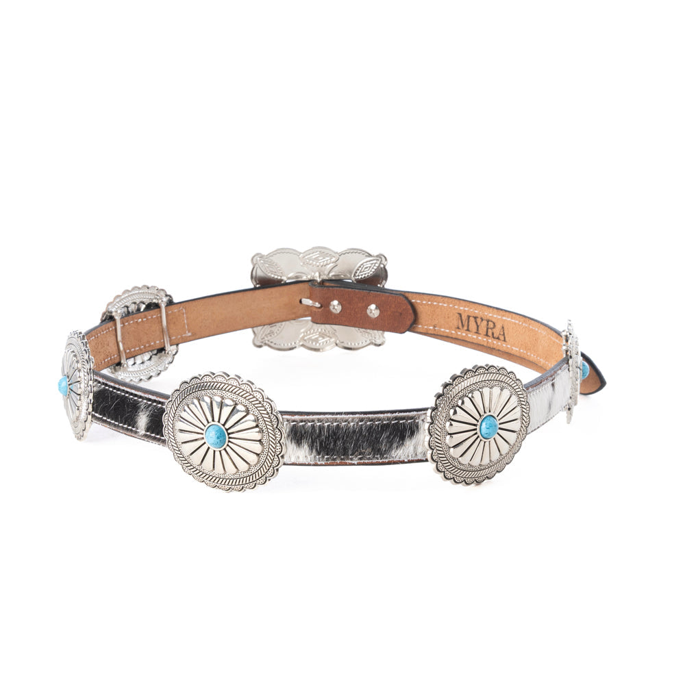 Floracrest Hairon Concho Belt for Women with Handtooling and Turquoise Stone Buckle - Myra USA
