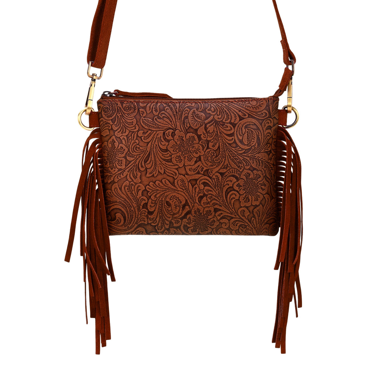Myra Tasajillo Crossbody Bag for Women in brown with embossed leather and fringe - Myra USA