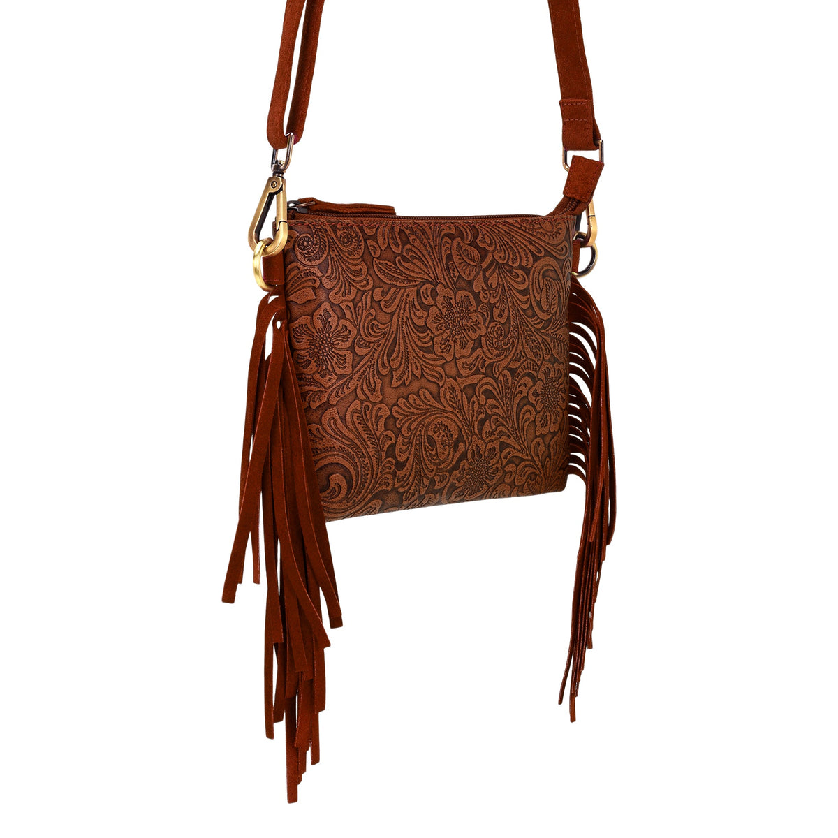 Myra Tasajillo Crossbody Bag for Women in brown with embossed leather and fringe - Myra USA