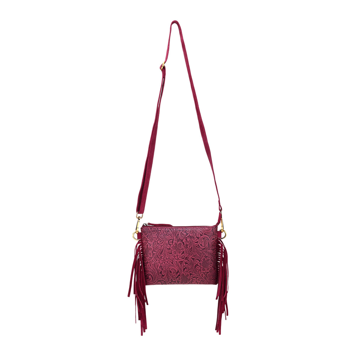 Myra Tasajillo Crossbody Bag for Women in berry with embossed leather and fringe - Myra USA