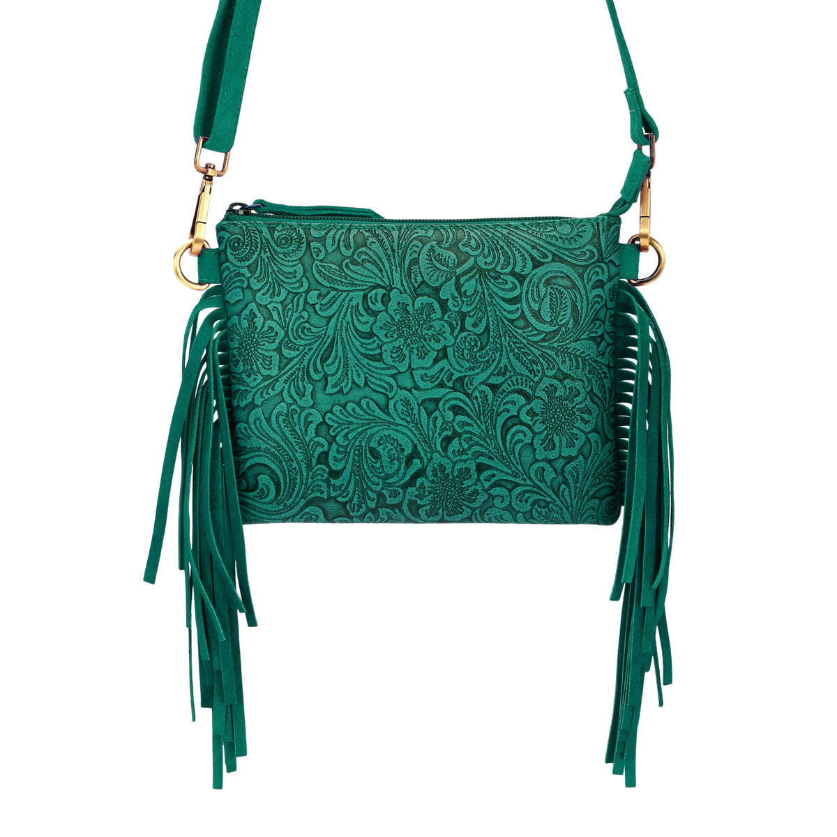 Myra Tasajillo Crossbody Bag for Women in green with embossed leather and fringe - Myra USA