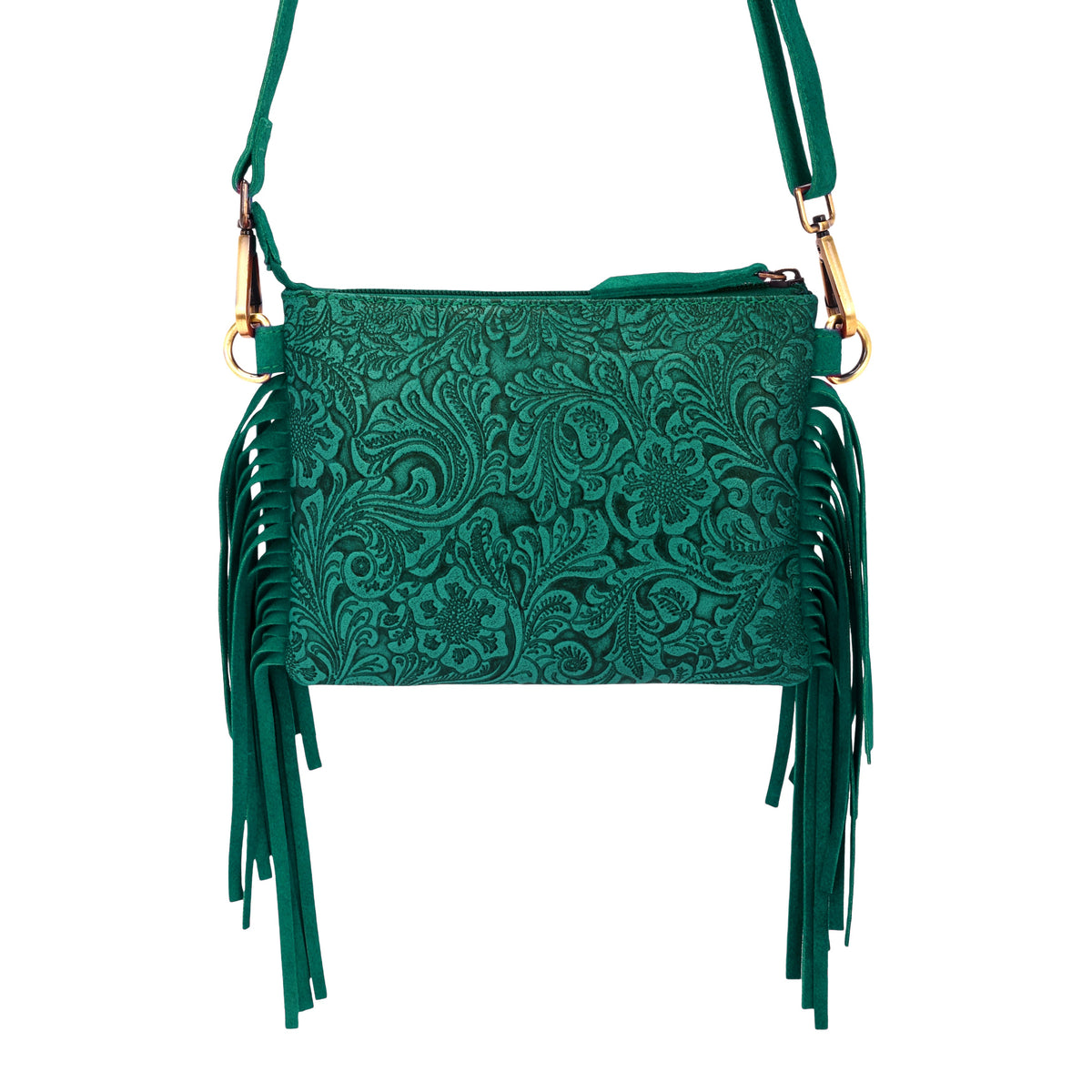 Myra Tasajillo Crossbody Bag for Women in green with embossed leather and fringe - Myra USA