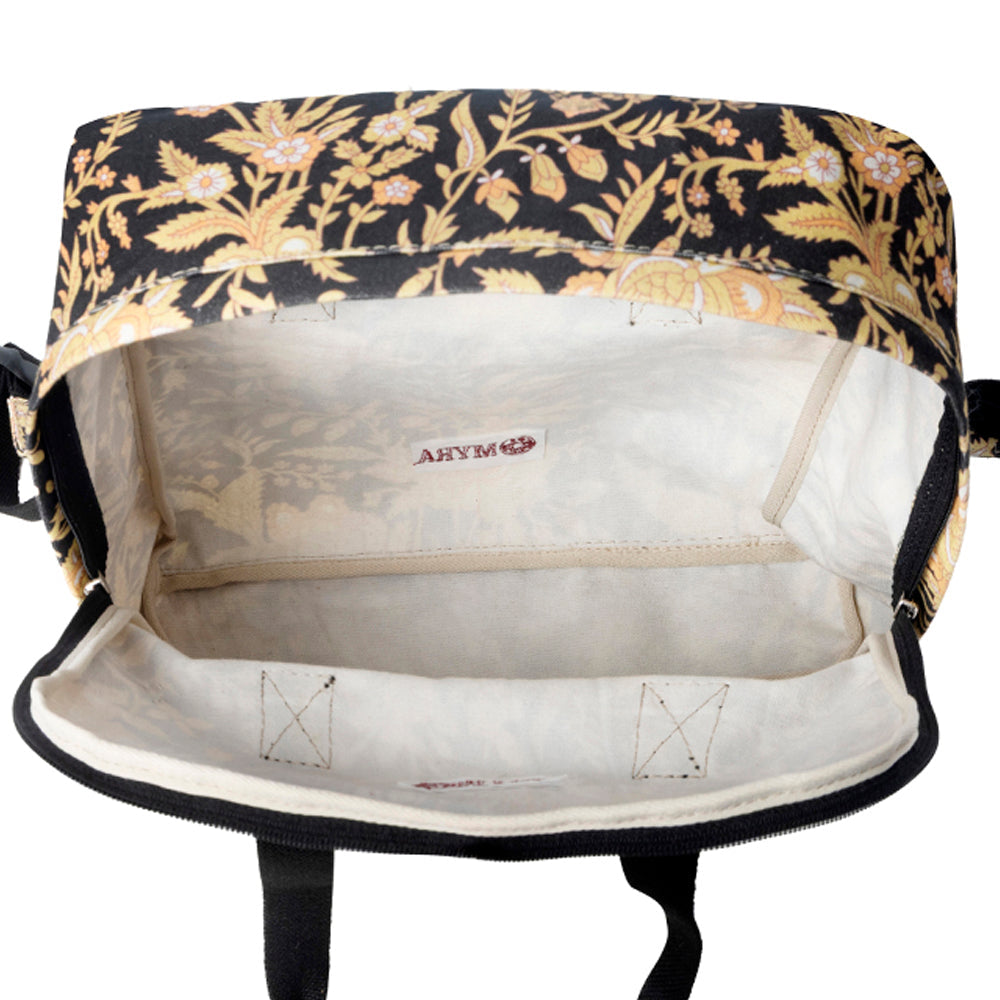 Pine Meadow Cotton & Leather Crossbody Bag in Black & Cream Floral - Myra USA