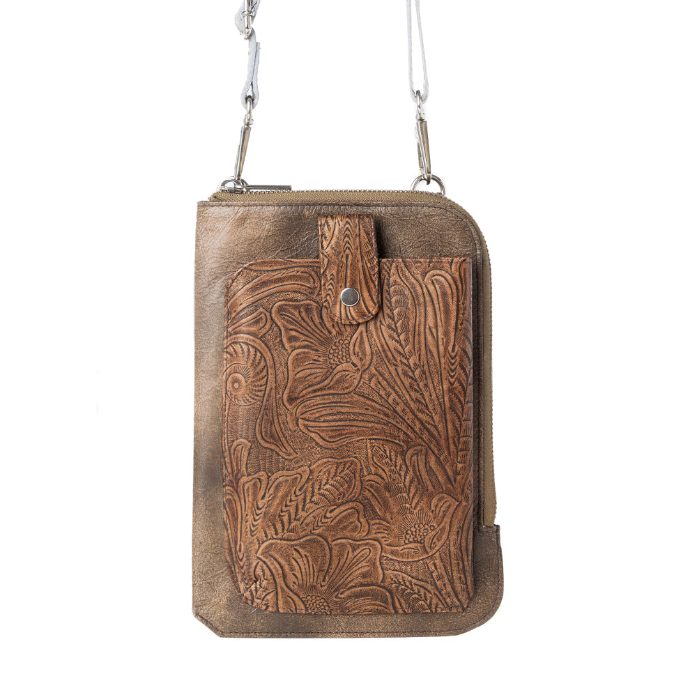 Coyote Bloom Embossed mini sling for Women in walnut with floral detail - Myra USA