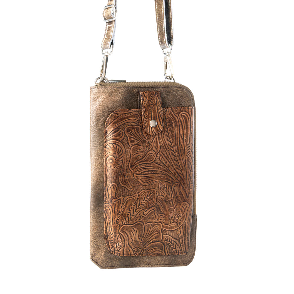 Coyote Bloom Embossed mini sling for Women in walnut with floral detail - Myra USA