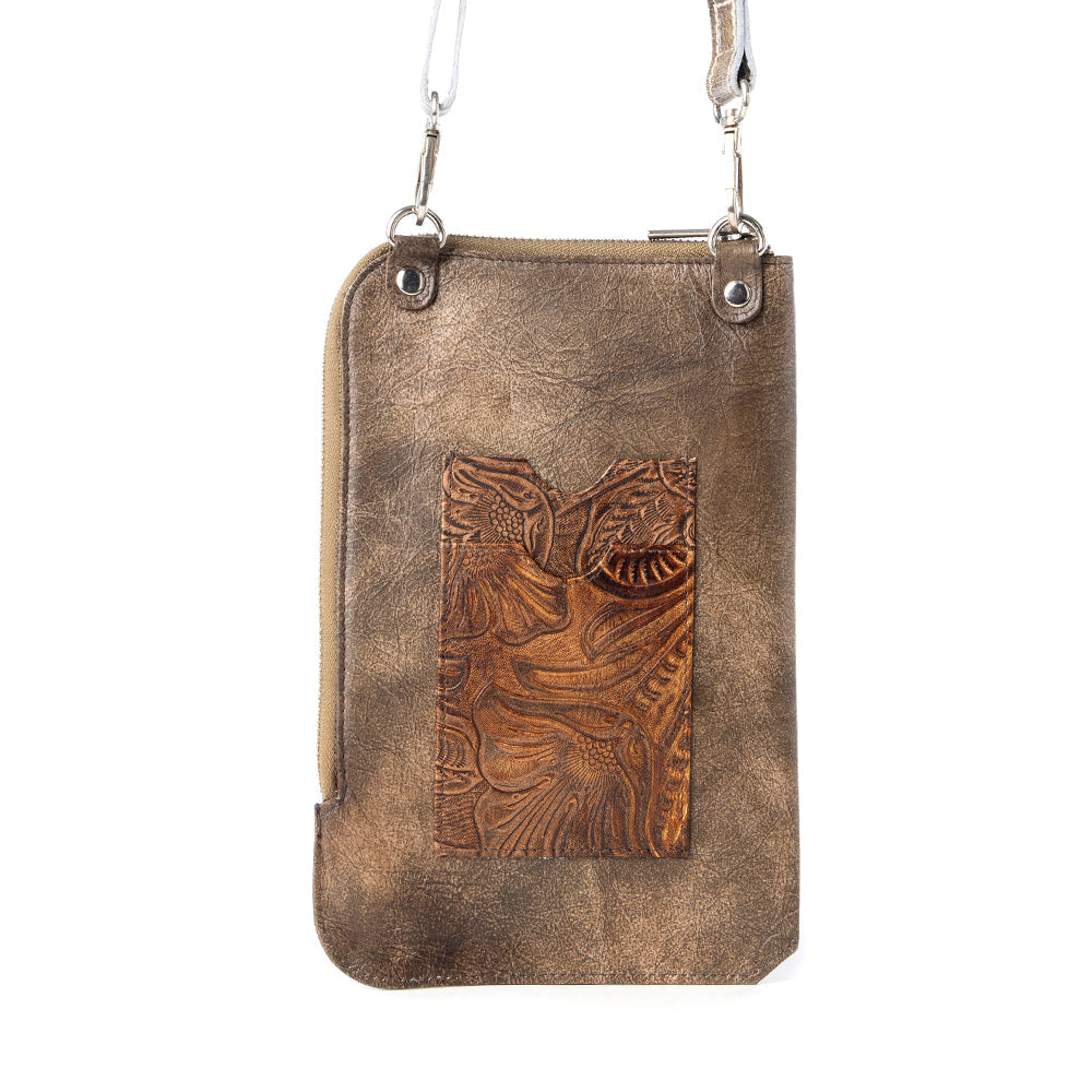 Coyote Bloom Embossed mini sling for Women in walnut with floral detail - Myra USA