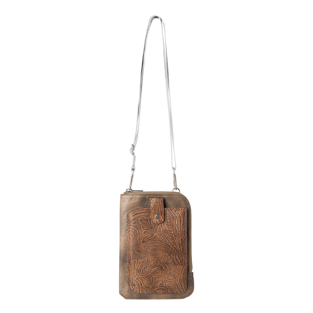 Coyote Bloom Embossed mini sling for Women in walnut with floral detail - Myra USA