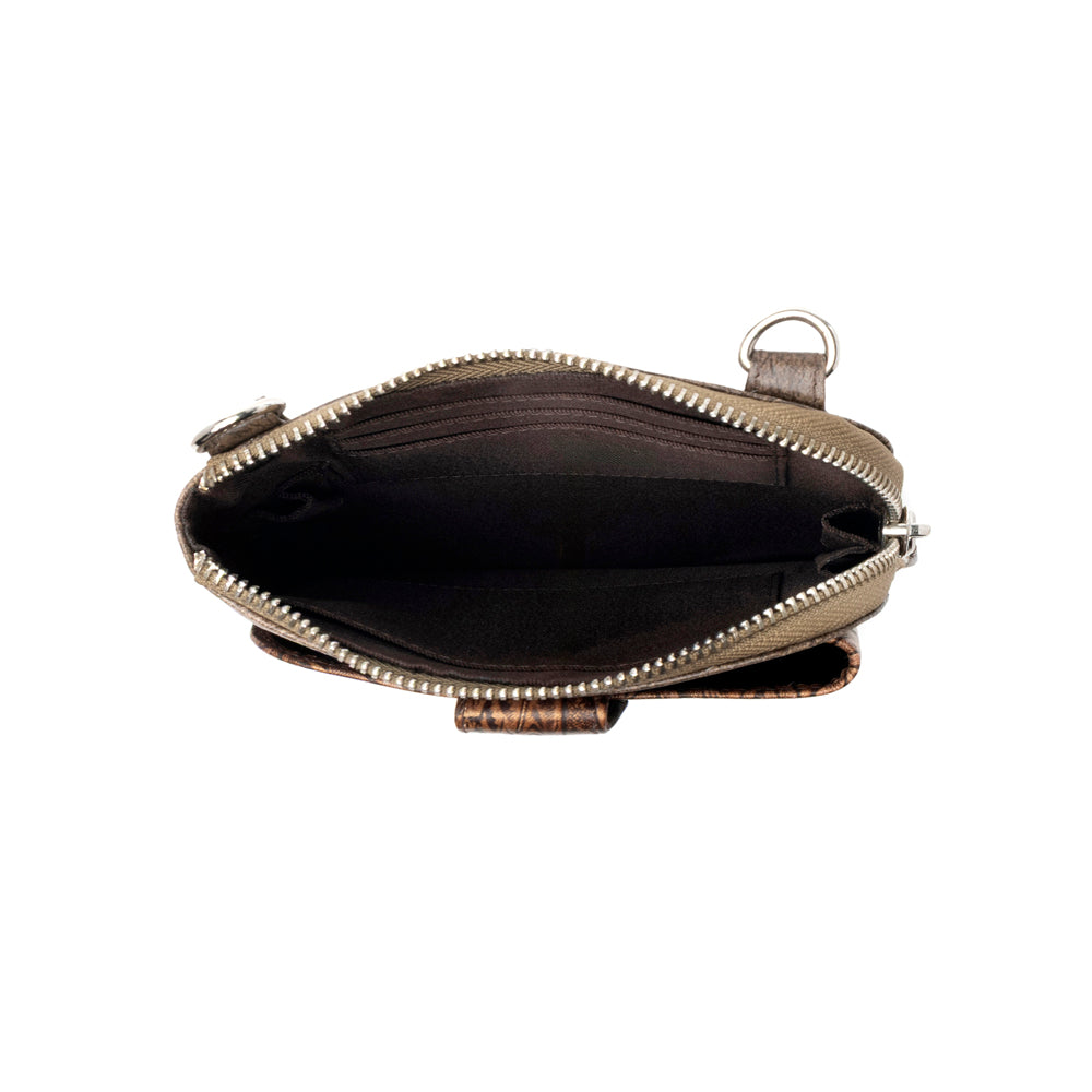 Coyote Bloom Embossed mini sling for Women in walnut with floral detail - Myra USA