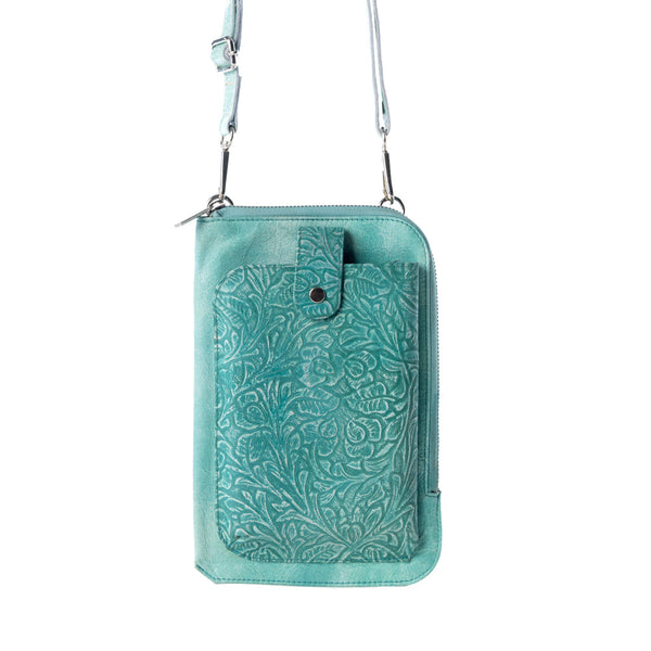 Coyote Bloom Embossed mini sling for Women in aqua with floral detail - Myra USA