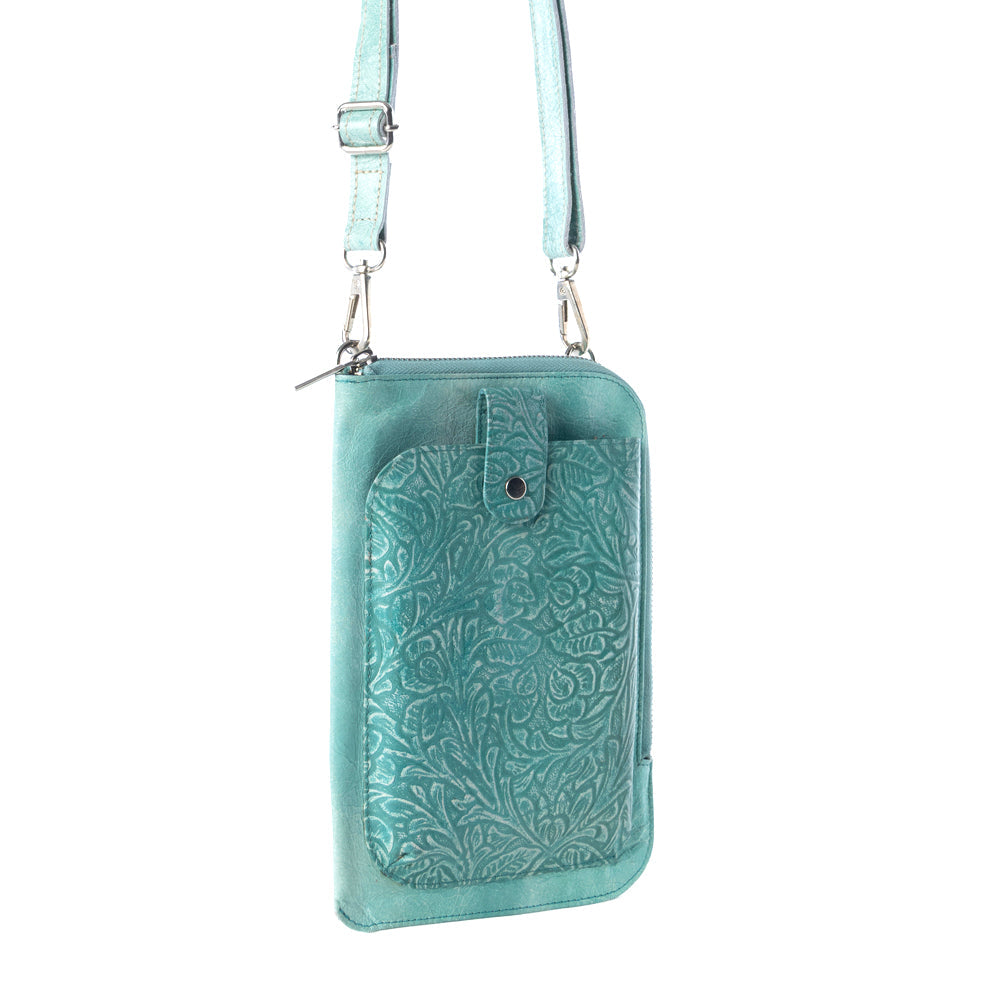 Coyote Bloom Embossed mini sling for Women in aqua with floral detail - Myra USA