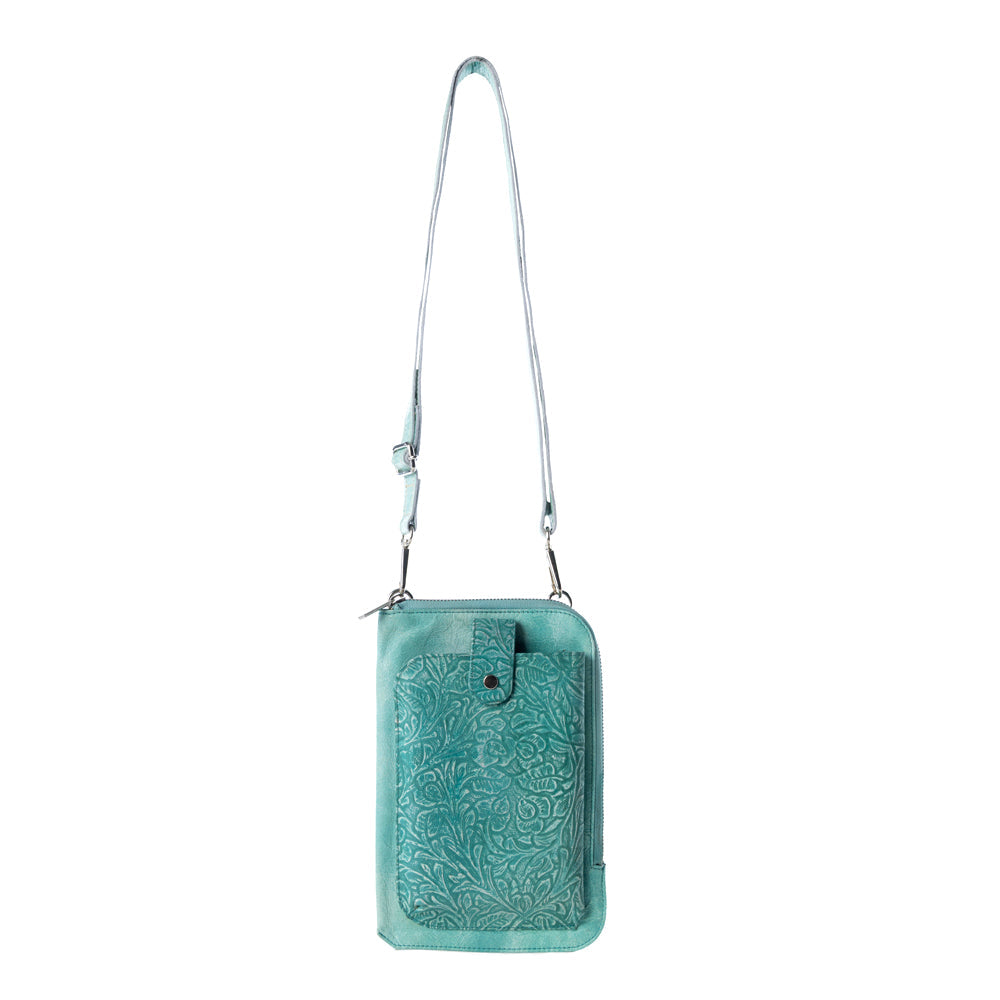 Coyote Bloom Embossed mini sling for Women in aqua with floral detail - Myra USA