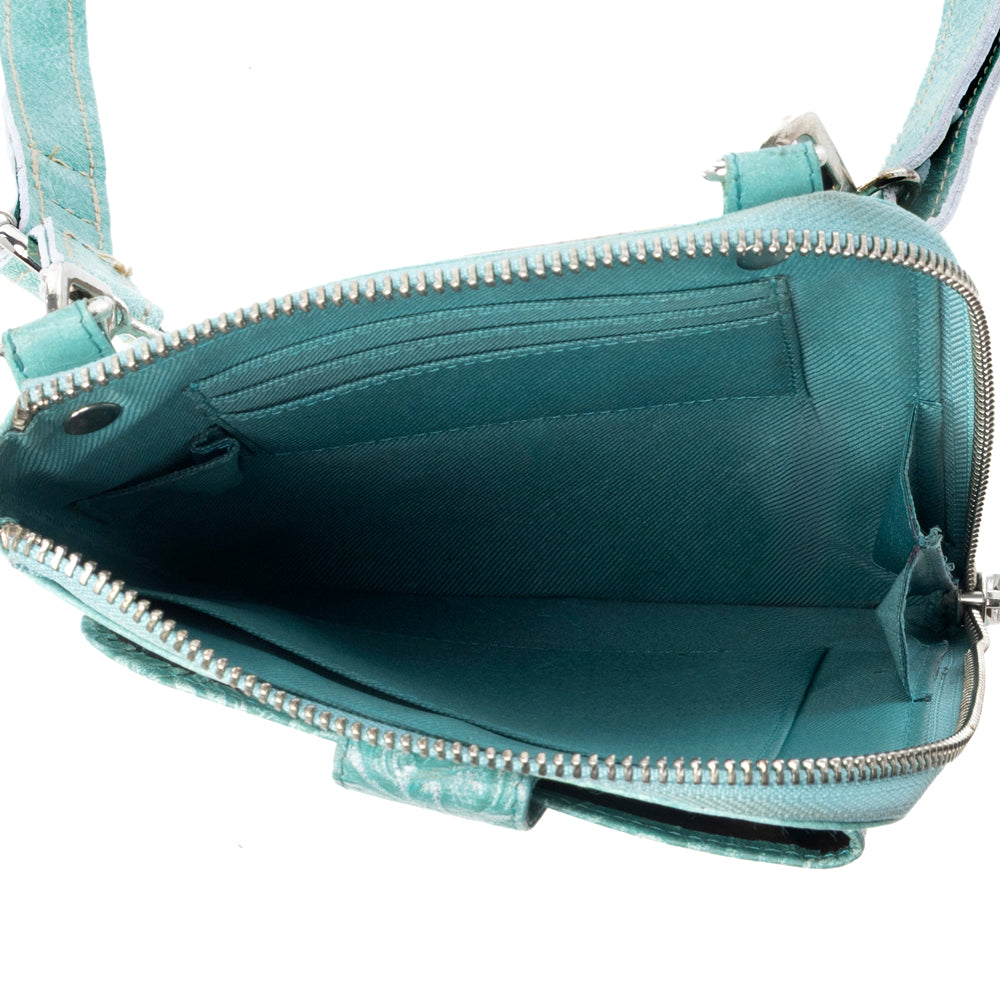 Coyote Bloom Embossed mini sling for Women in aqua with floral detail - Myra USA