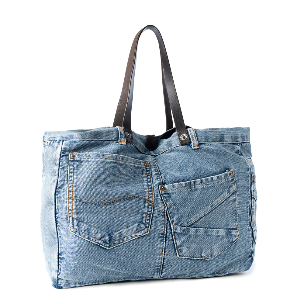 Billyjean Western denim Tote Bag for Women in denim blue with leather detail - Myra USA