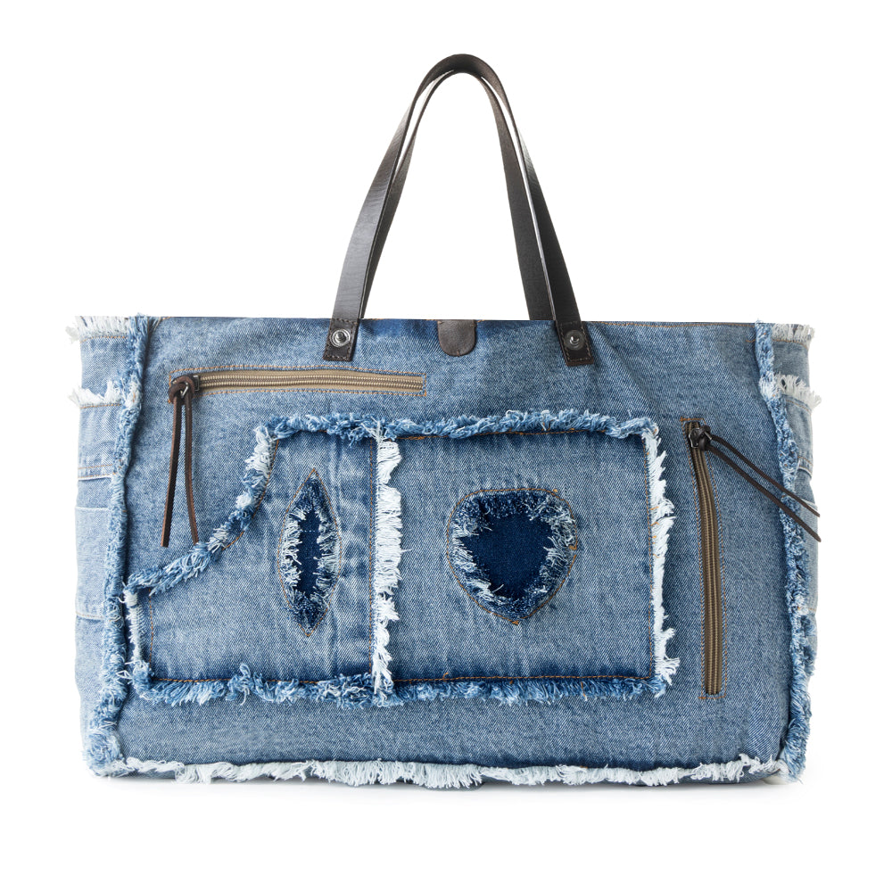 Frayed Frontier Western denim Tote Bag for Women in denim blue with fringe detail - Myra USA