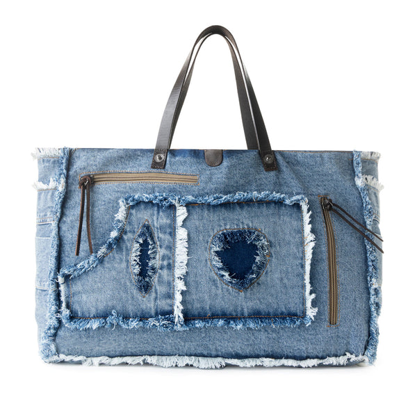 Frayed Frontier Western denim Tote Bag for Women in denim blue with fringe detail - Myra USA