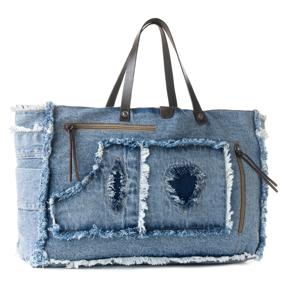 Frayed Frontier Western denim Tote Bag for Women in denim blue with fringe detail - Myra USA