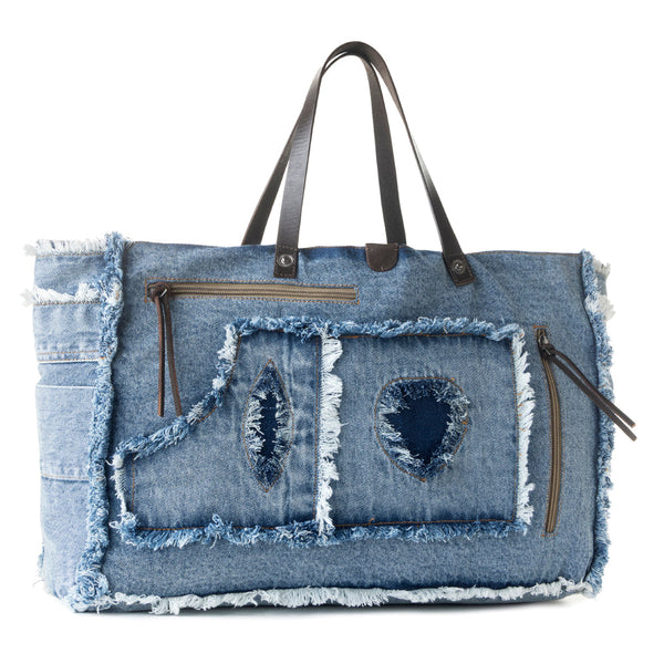 Frayed Frontier Western denim Tote Bag for Women in denim blue with fringe detail - Myra USA