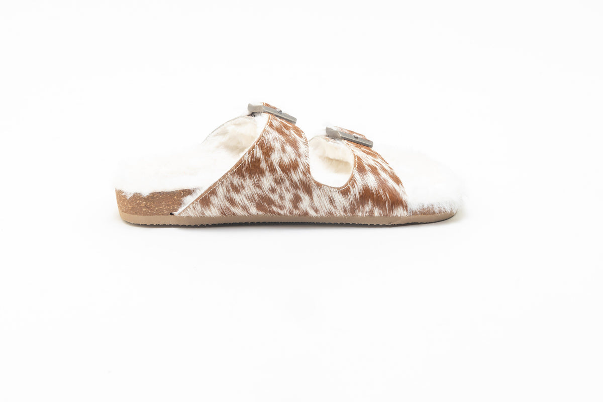 Prairie Winds Fur Comfort Hairon Leather Sandals In Brown & White - Myra USA
