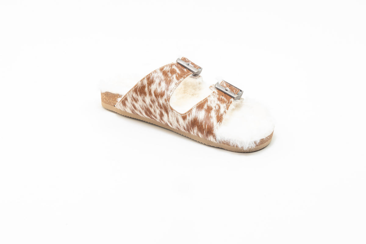 Prairie Winds Fur Comfort Hairon Leather Sandals In Brown & White - Myra USA