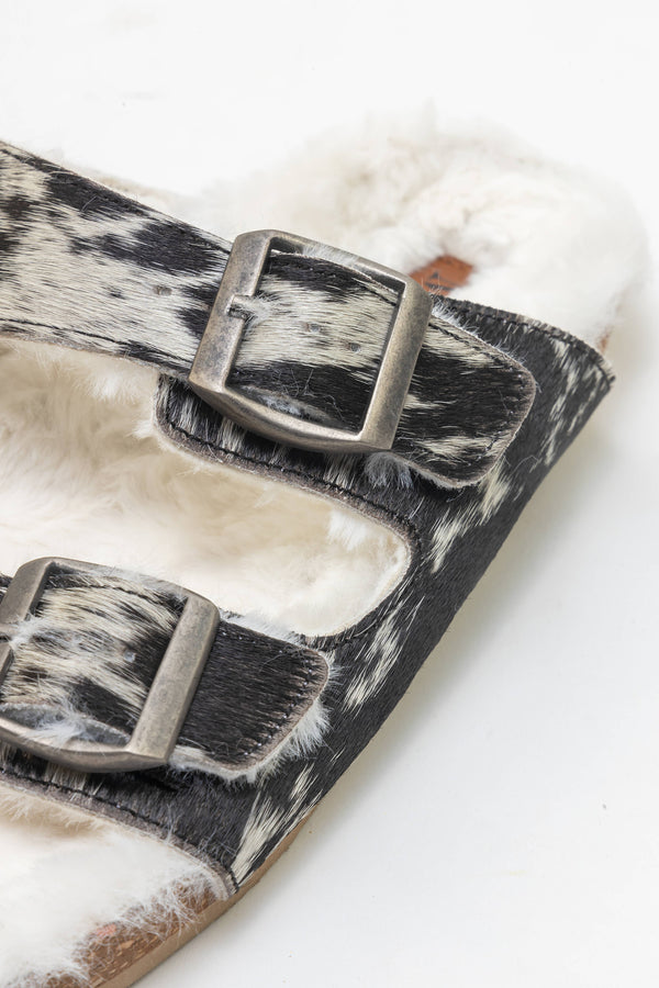 Prairie Winds Fur Comfort Hairon Leather Sandals In Black & White - Myra USA