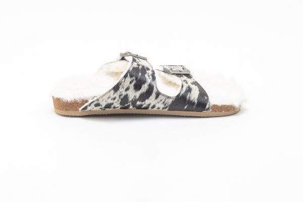 Prairie Winds Fur Comfort Hairon Leather Sandals In Black & White - Myra USA