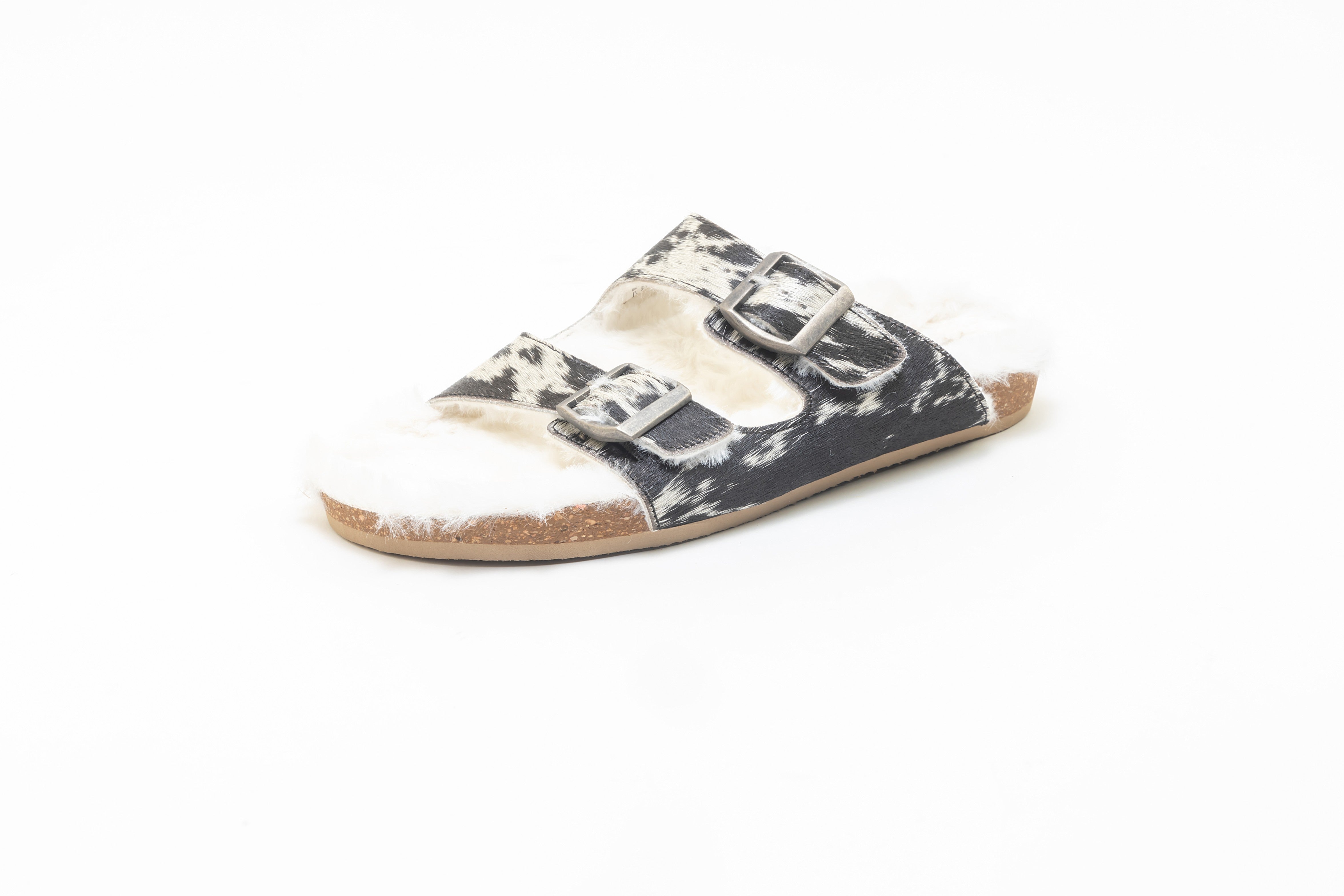 Prairie Winds Fur Comfort Hairon Leather Sandals In Black & White