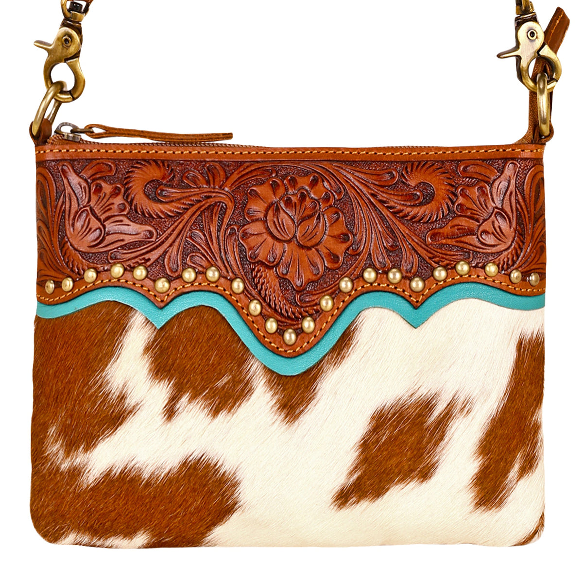 Myra Latigo Crossbody Bag for Women in brown with hair on and handtooled leather - Myra USA