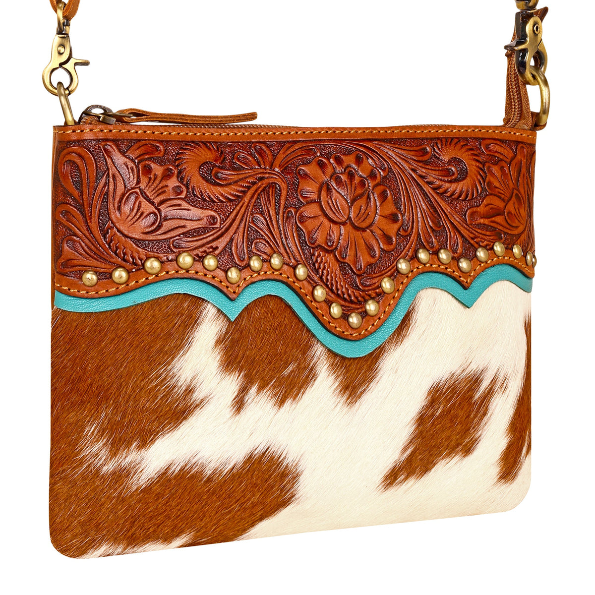 Myra Latigo Crossbody Bag for Women in brown with hair on and handtooled leather - Myra USA