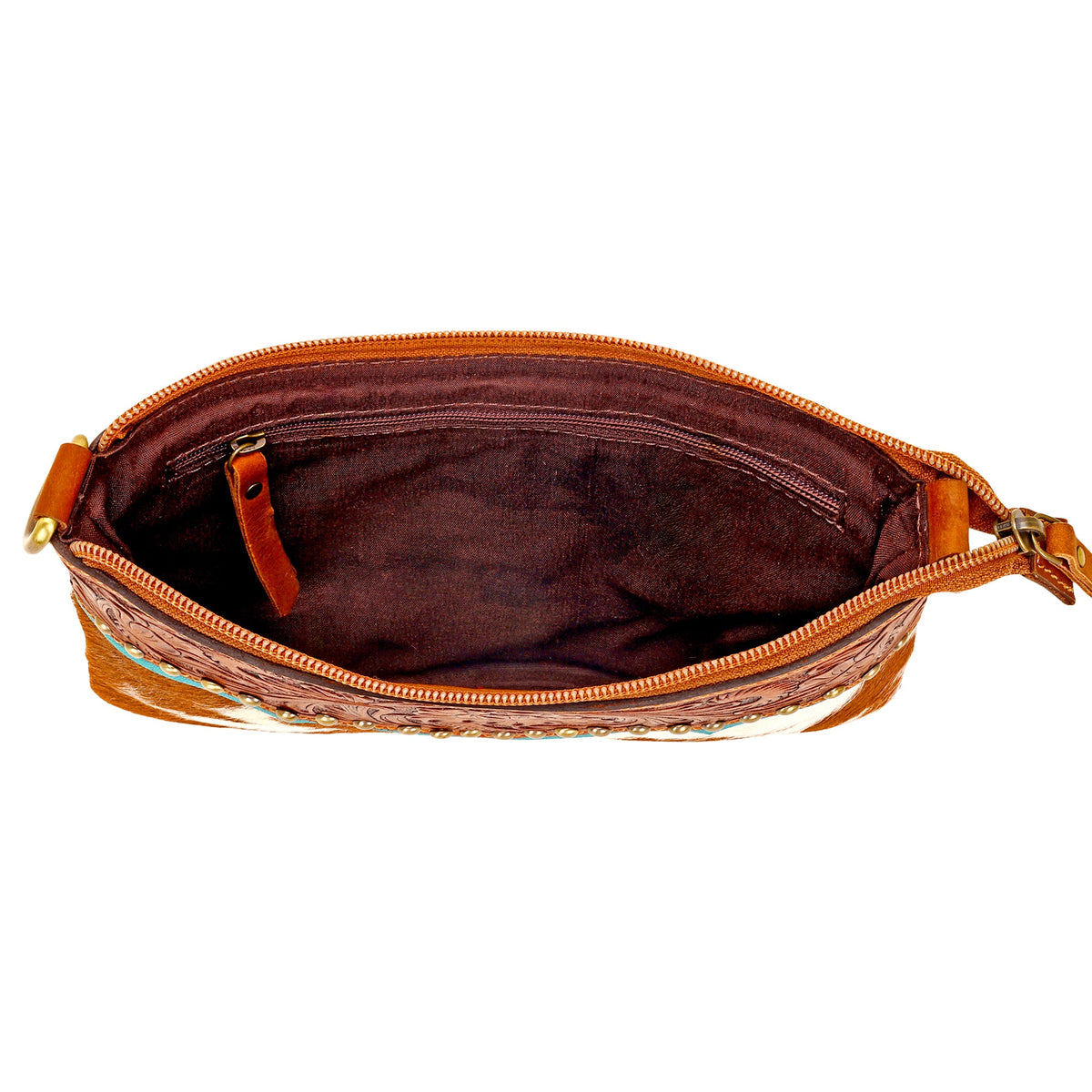 Myra Latigo Crossbody Bag for Women in brown with hair on and handtooled leather - Myra USA