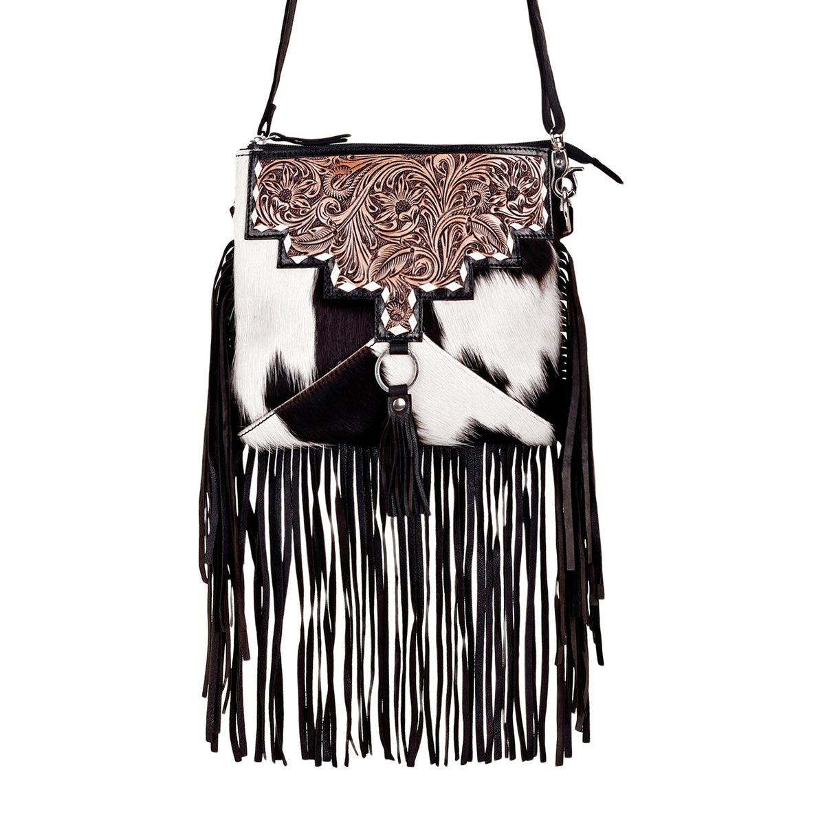 Myra Brindis Crossbody Bag for Women in black with hair on and handtooled leather - Myra USA