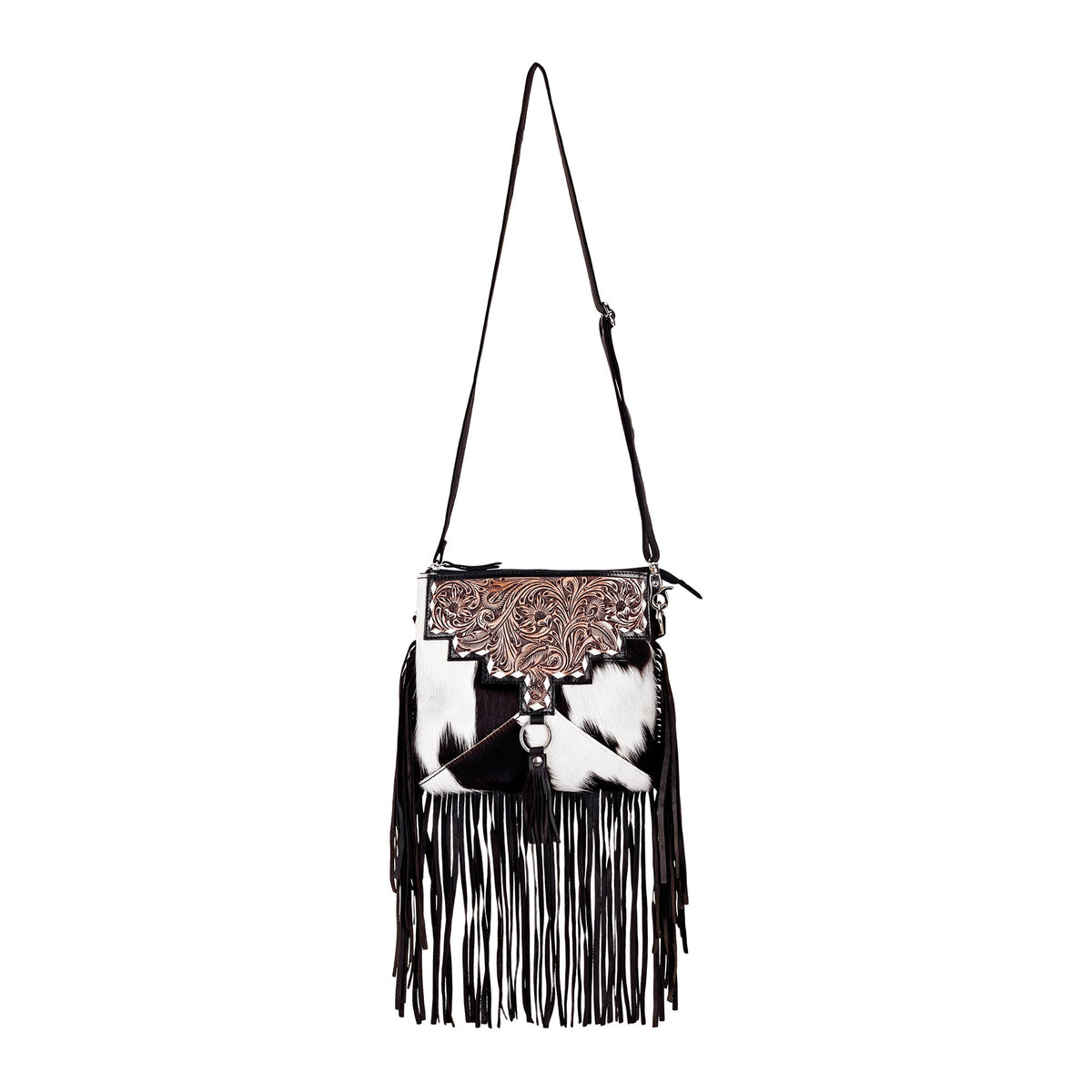 Myra Brindis Crossbody Bag for Women in black with hair on and handtooled leather - Myra USA