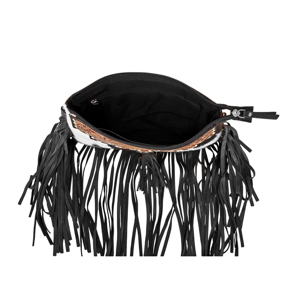 Myra Brindis Crossbody Bag for Women in black with hair on and handtooled leather - Myra USA
