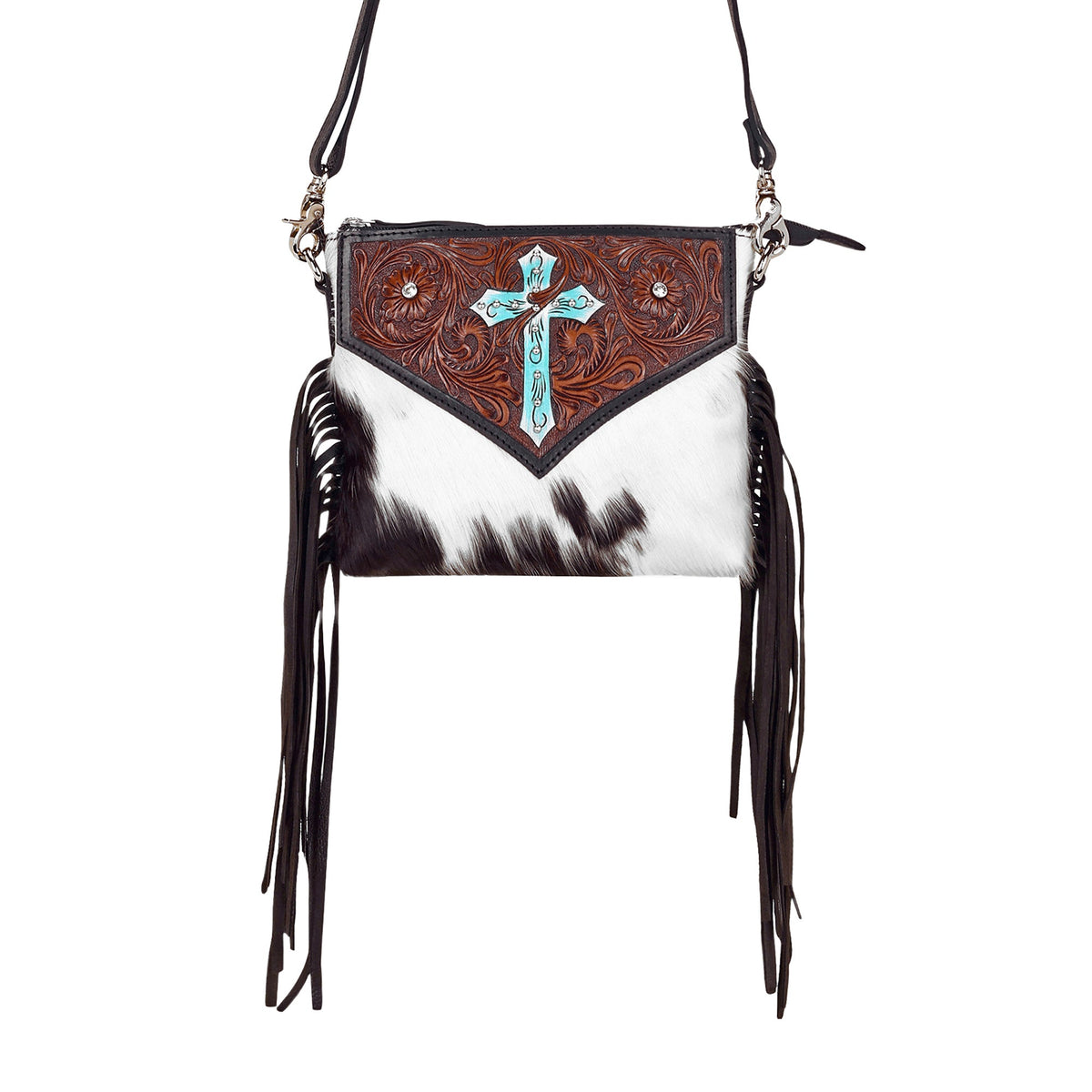 Myra Shalom Crossbody Bag for Women in black with hair on and handtooled cross - Myra USA