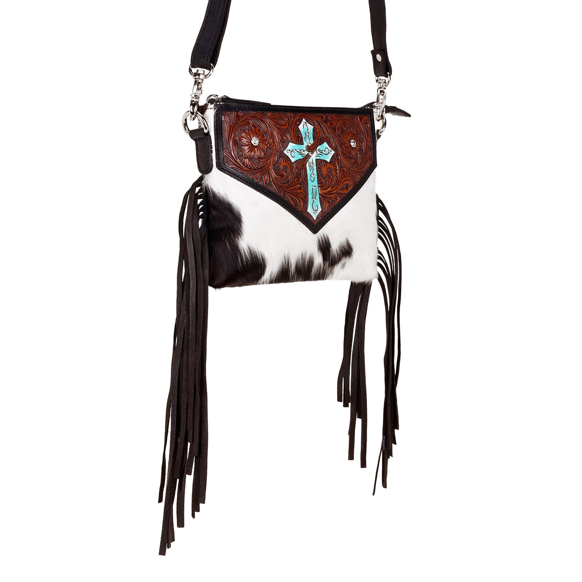 Myra Shalom Crossbody Bag for Women in black with hair on and handtooled cross - Myra USA