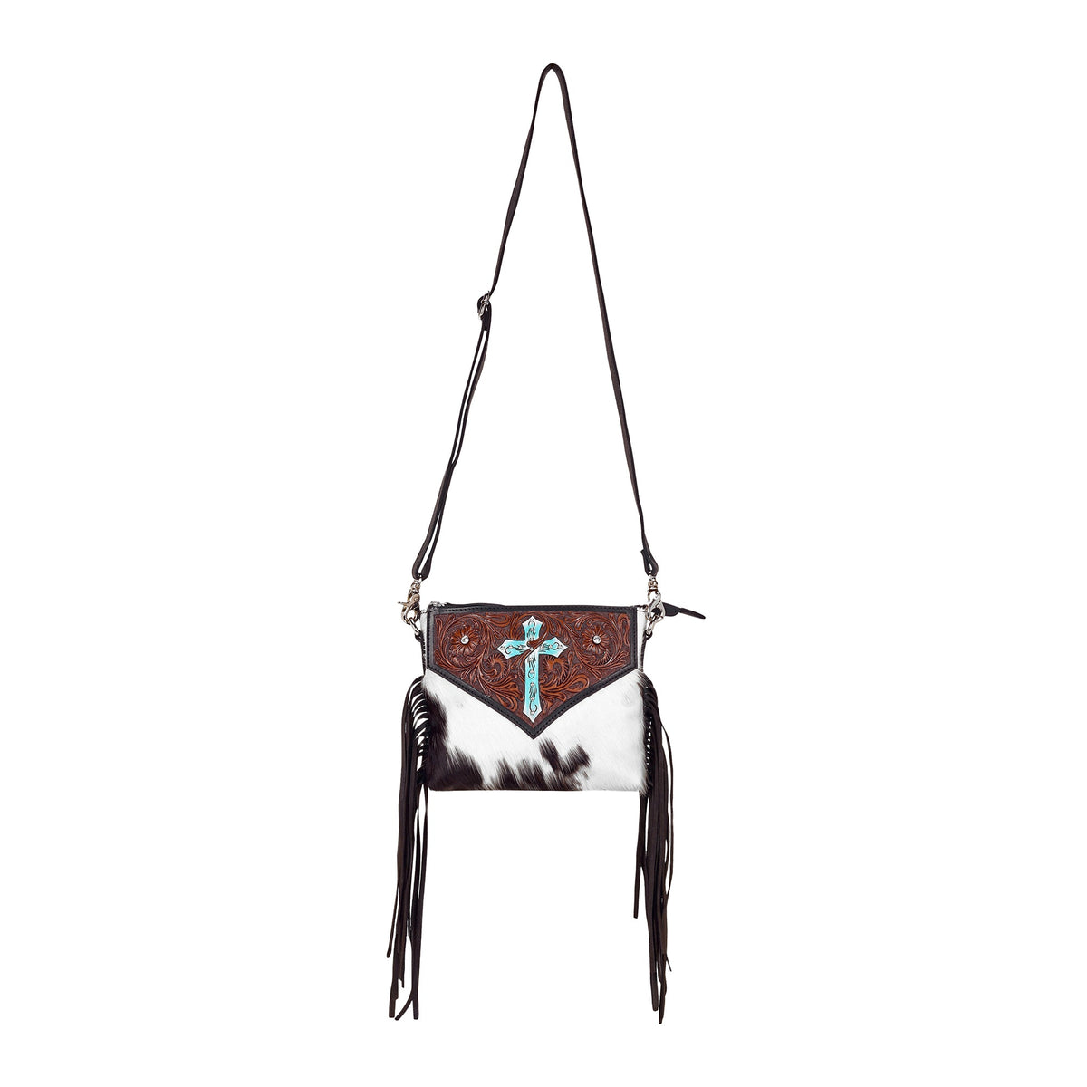 Myra Shalom Crossbody Bag for Women in black with hair on and handtooled cross - Myra USA