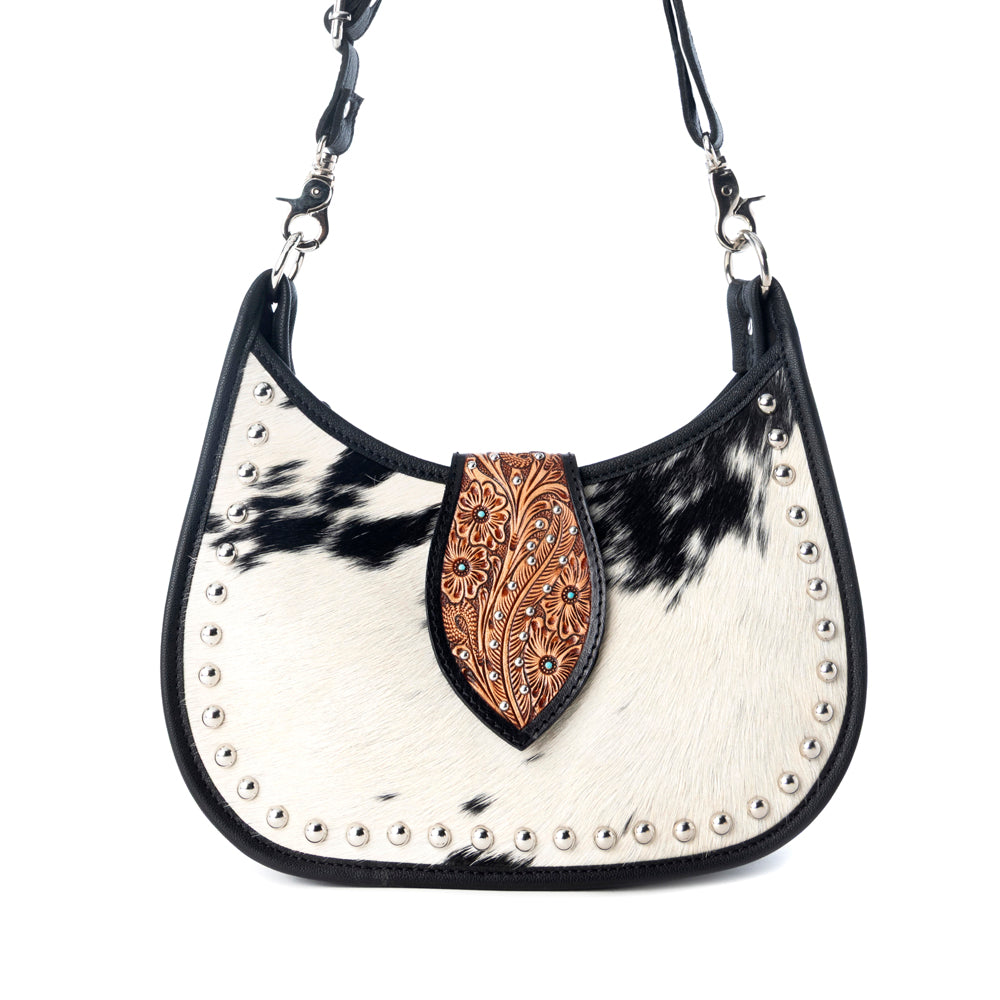Santa Fe Handtooled Bag for Women in Black with hairon and studded detail - Myra USA