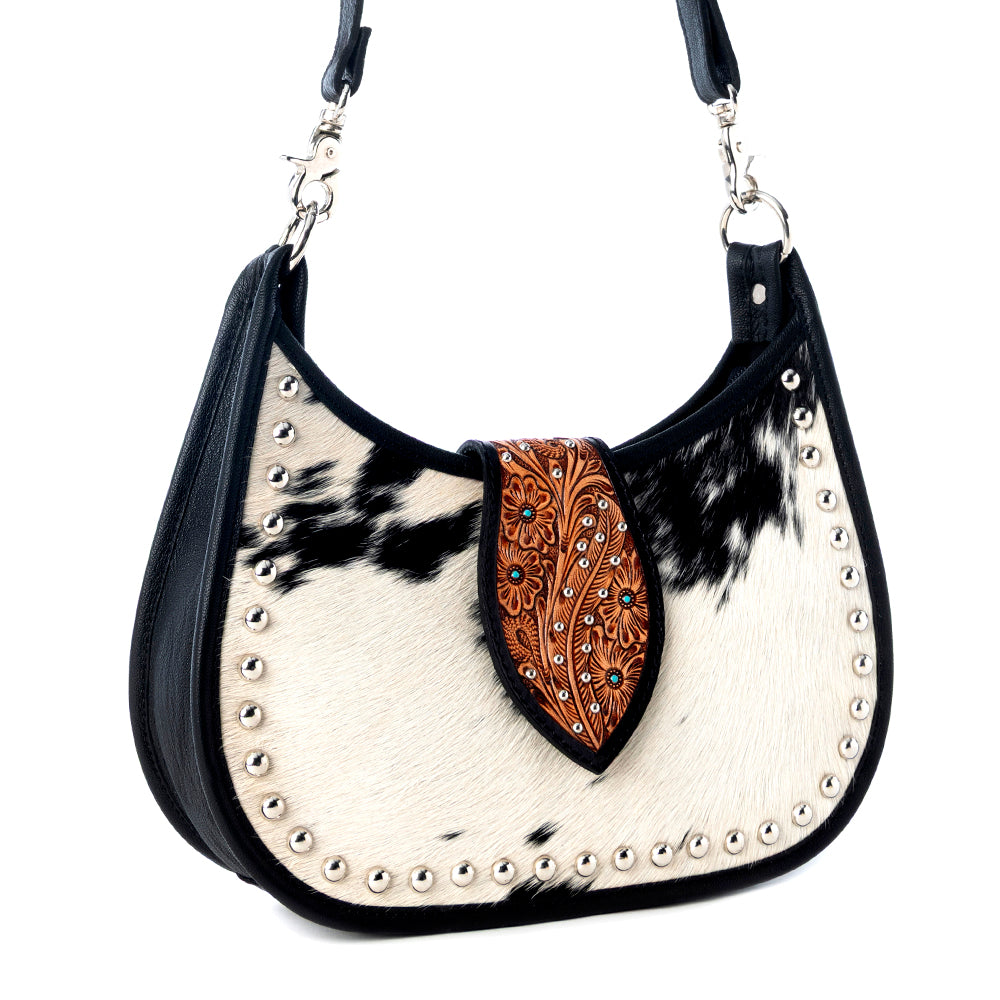 Santa Fe Handtooled Bag for Women in Black with hairon and studded detail - Myra USA