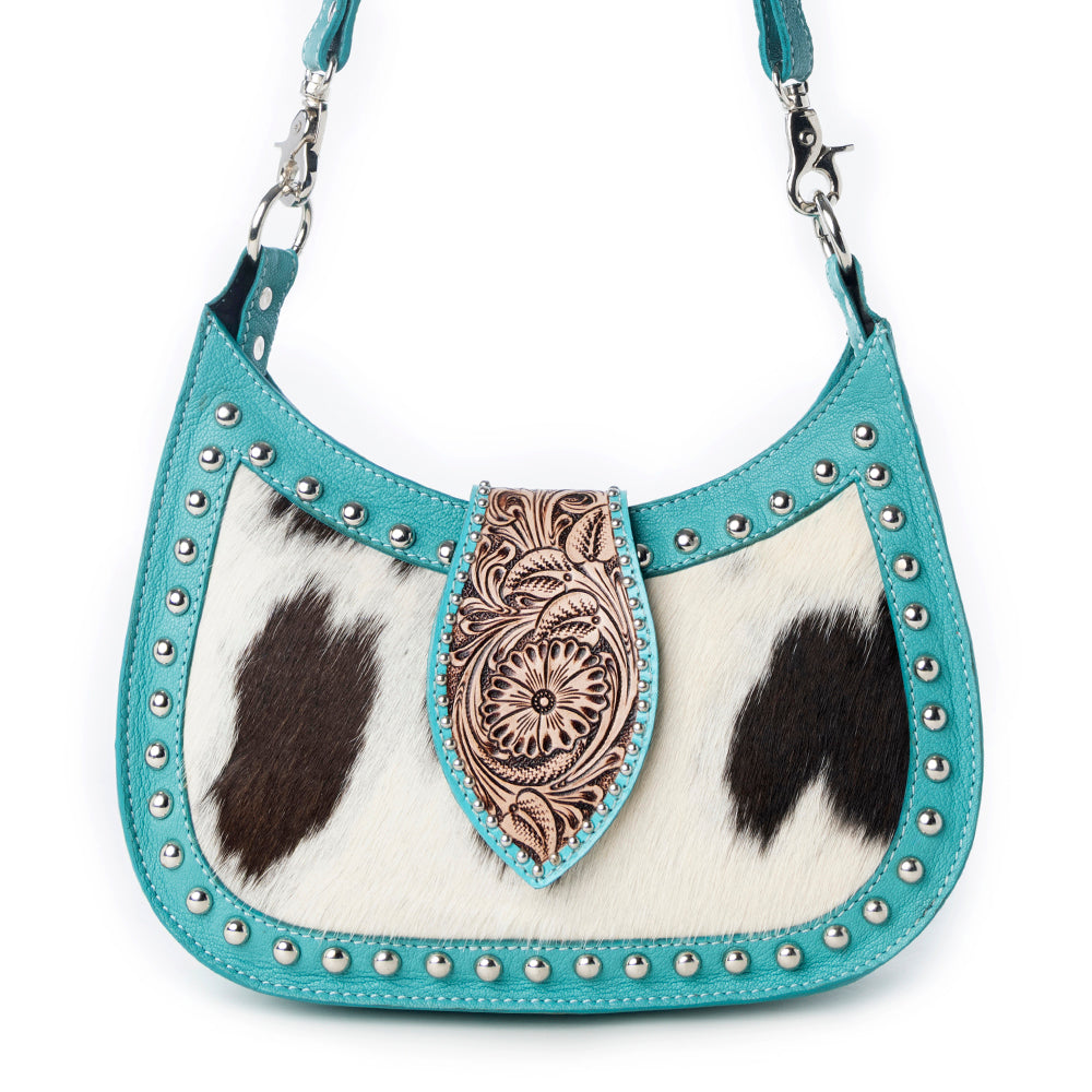 Santa Fe Handtooled Bag for Women in Turquoise with hairon and studded detail - Myra USA