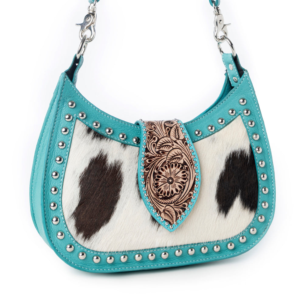 Santa Fe Handtooled Bag for Women in Turquoise with hairon and studded detail - Myra USA