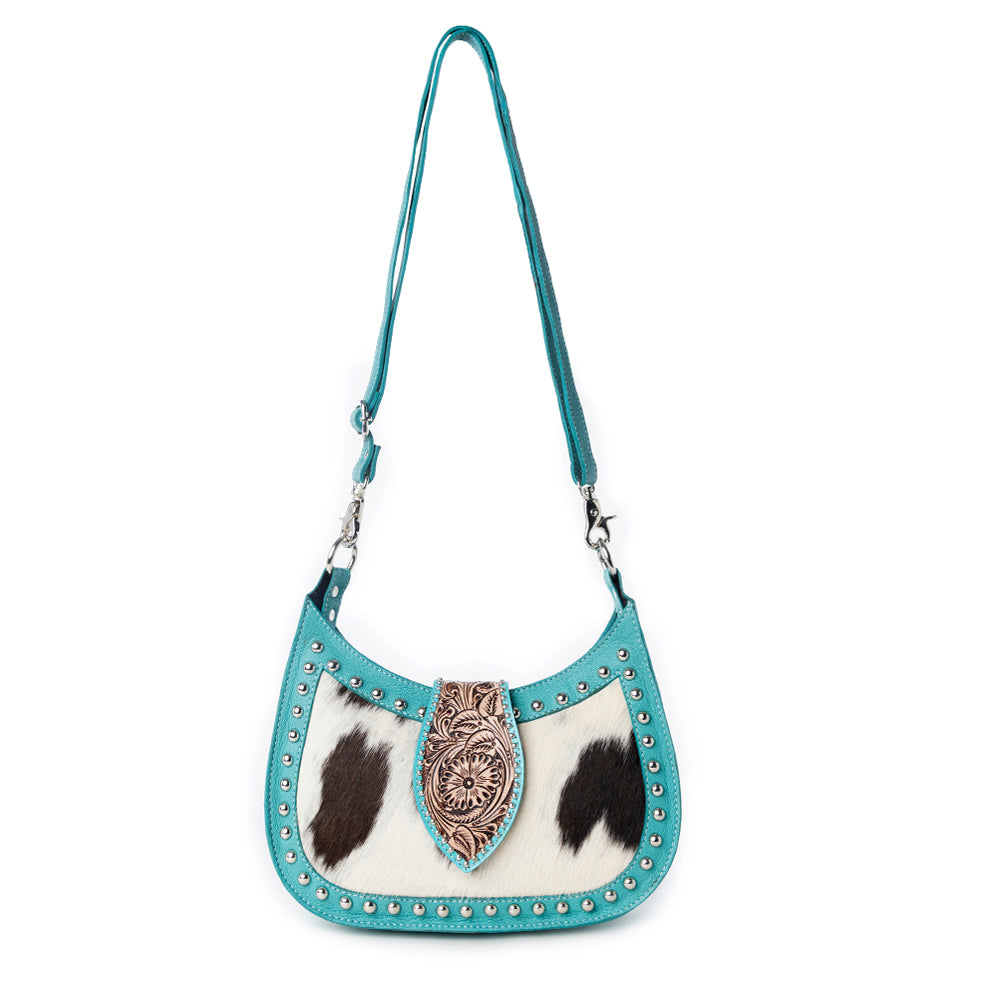 Santa Fe Handtooled Bag for Women in Turquoise with hairon and studded detail - Myra USA
