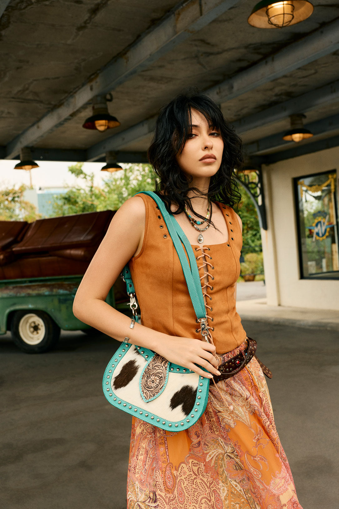 Myra Santa Fe Handtooled Bag for Women in Turquoise with hairon and studded detail - Myra USA