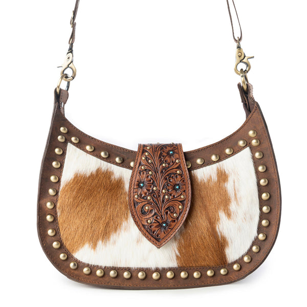 Santa Fe Handtooled Bag for Women in Brown with hairon and studded detail - Myra USA