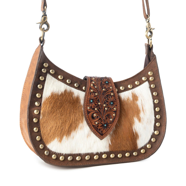 Santa Fe Handtooled Bag for Women in Brown with hairon and studded detail - Myra USA