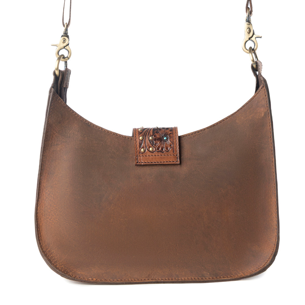 Santa Fe Handtooled Bag for Women in Brown with hairon and studded detail - Myra USA