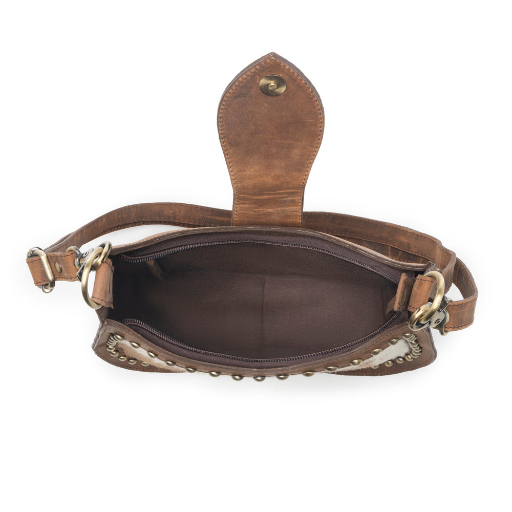 Santa Fe Handtooled Bag for Women in Brown with hairon and studded detail - Myra USA
