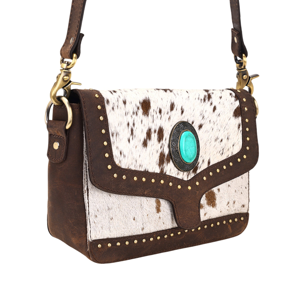 Myra Dustridge Crossbody Bag for Women in brown with hair on, studs and turquoise concho - Myra USA