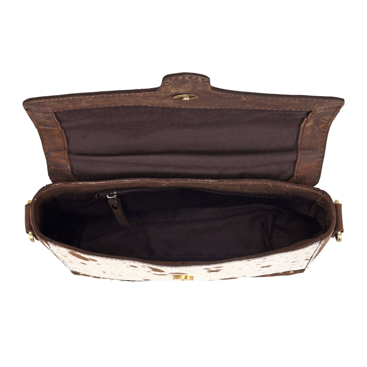 Myra Dustridge Crossbody Bag for Women in brown with hair on, studs and turquoise concho - Myra USA
