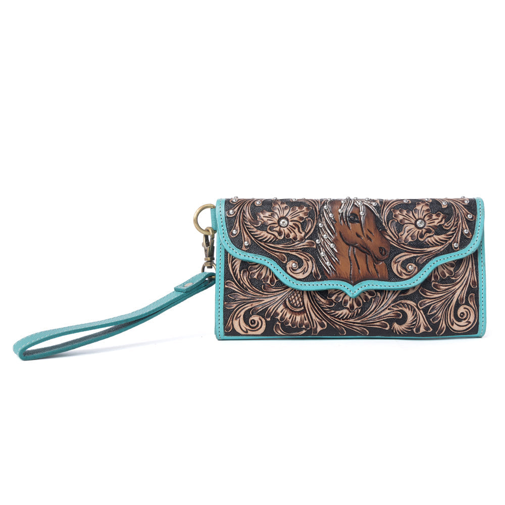Myra Sunfire Valley Handtooled Hairon Leather Women’s Wallet in Turquoise Pearl - Myra USA